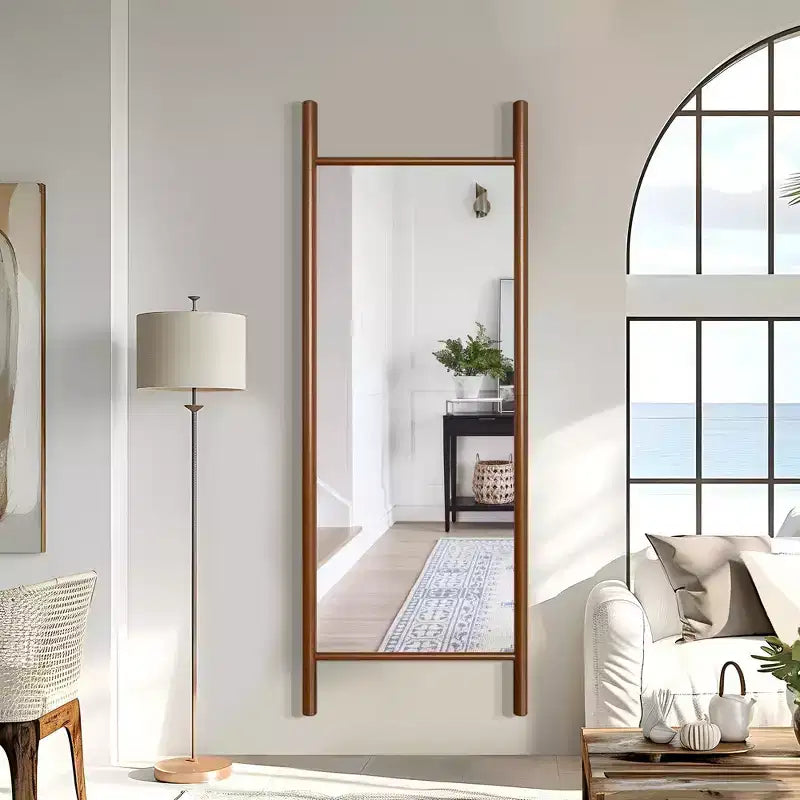 21"x64" Ladder-Style Solid Wood Wall Mirror | Brown | Decorative Shelf