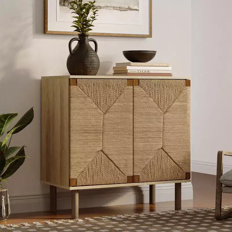 Mid-Century Modern Rope 2-Door Cabinet | Wood Legs | Adjustable Shelves | Natural