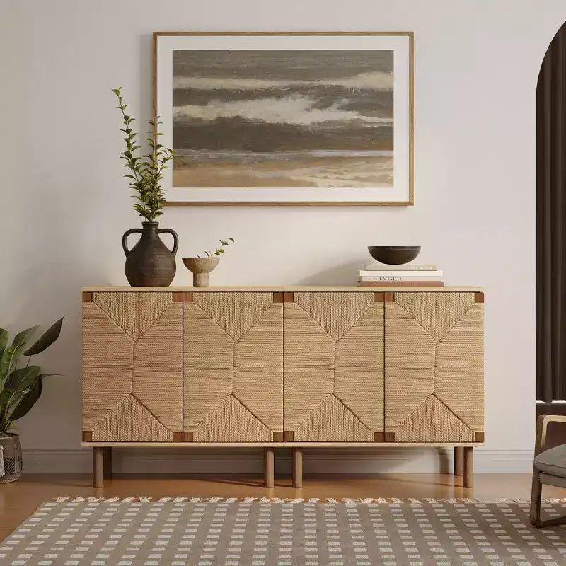 Mid-Century Modern Rope 2-Door Cabinet | Wood Legs | Adjustable Shelves | Natural