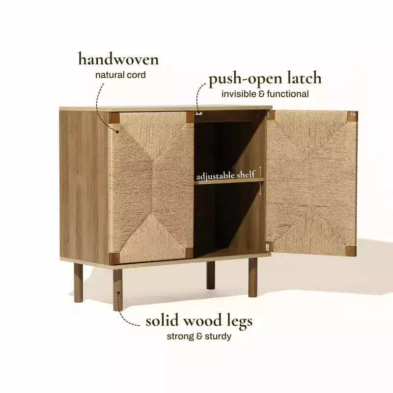 Mid-Century Modern Rope 2-Door Cabinet | Wood Legs | Adjustable Shelves | Natural