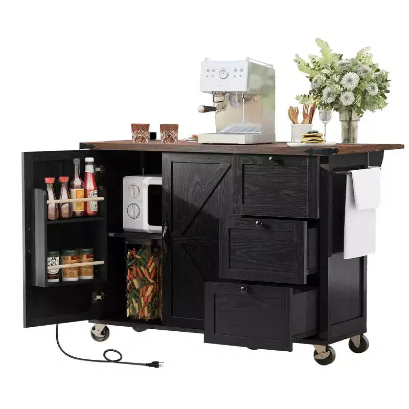 Farmhouse Kitchen Cart Island | Drop Leaf, 3 Drawers & Locking Wheels