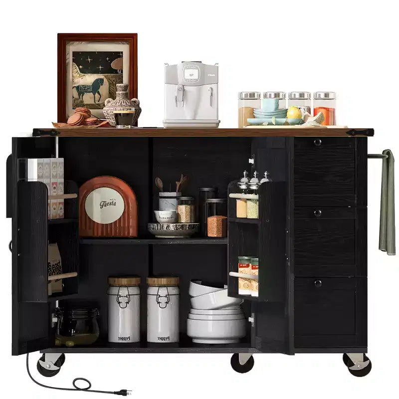 Farmhouse Kitchen Cart Island | Drop Leaf, 3 Drawers & Locking Wheels