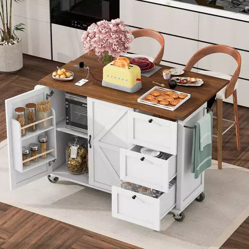 Farmhouse Kitchen Cart Island | Drop Leaf, 3 Drawers & Locking Wheels