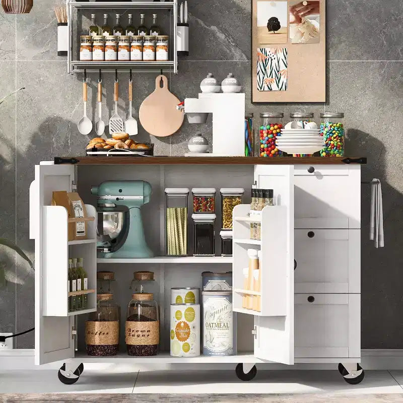 Farmhouse Kitchen Cart Island | Drop Leaf, 3 Drawers & Locking Wheels