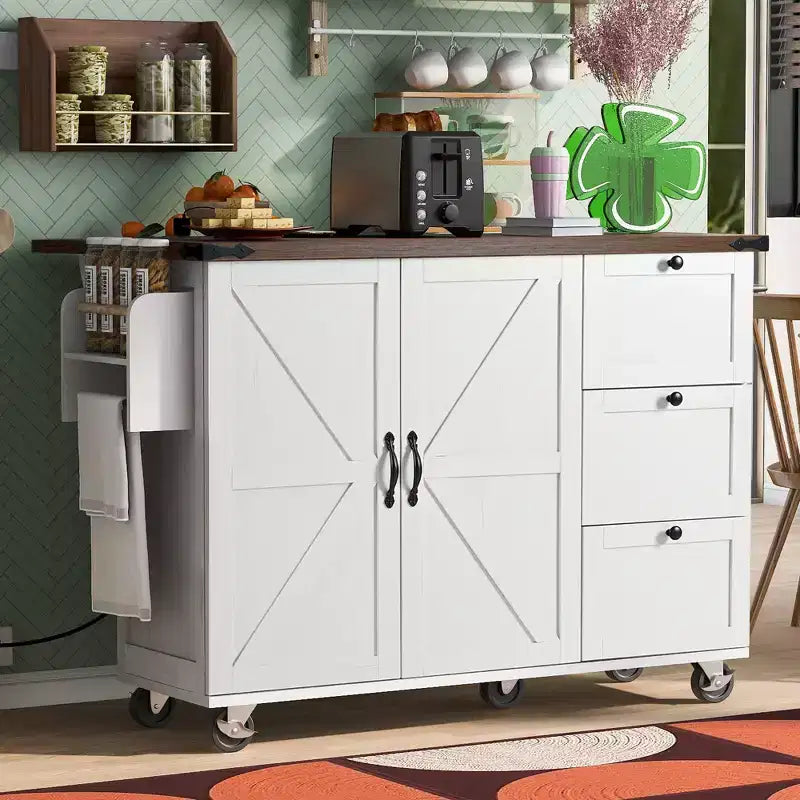 Farmhouse Kitchen Cart Island | Drop Leaf, 3 Drawers & Locking Wheels