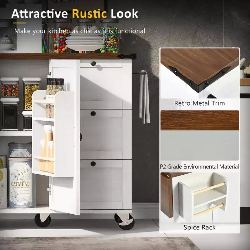 Farmhouse Kitchen Cart Island | Drop Leaf, 3 Drawers & Locking Wheels