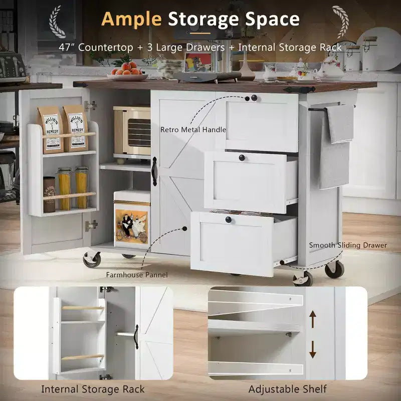 Farmhouse Kitchen Cart Island | Drop Leaf, 3 Drawers & Locking Wheels