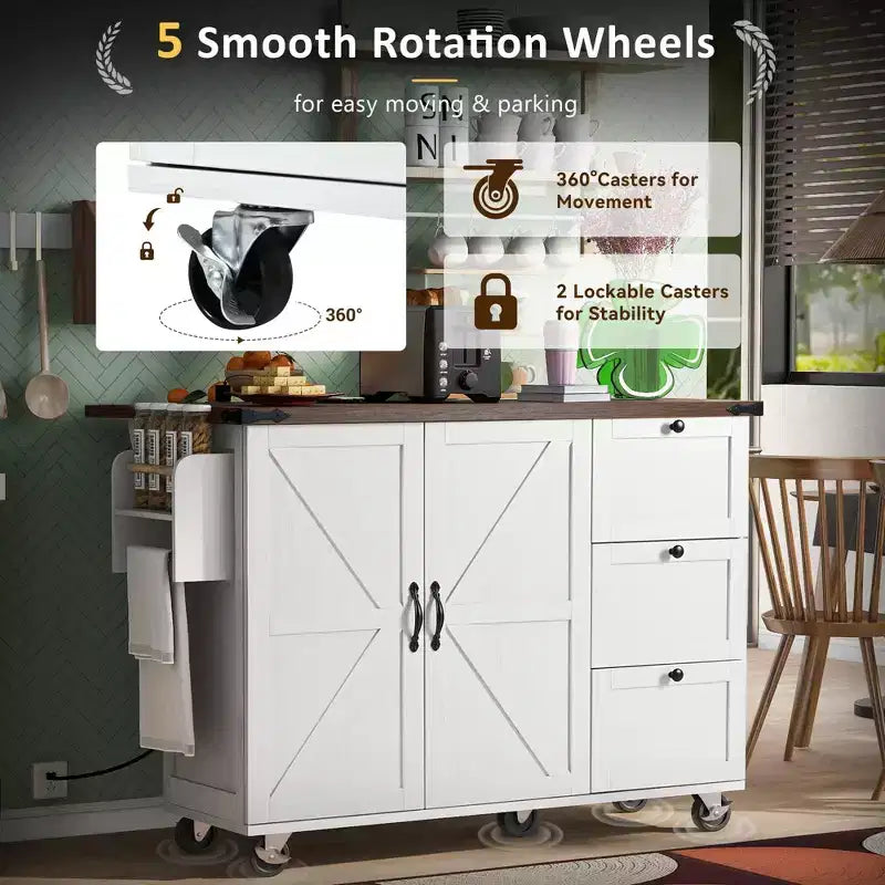 Farmhouse Kitchen Cart Island | Drop Leaf, 3 Drawers & Locking Wheels