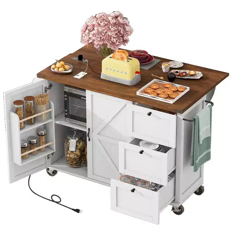 Farmhouse Kitchen Cart Island | Drop Leaf, 3 Drawers & Locking Wheels