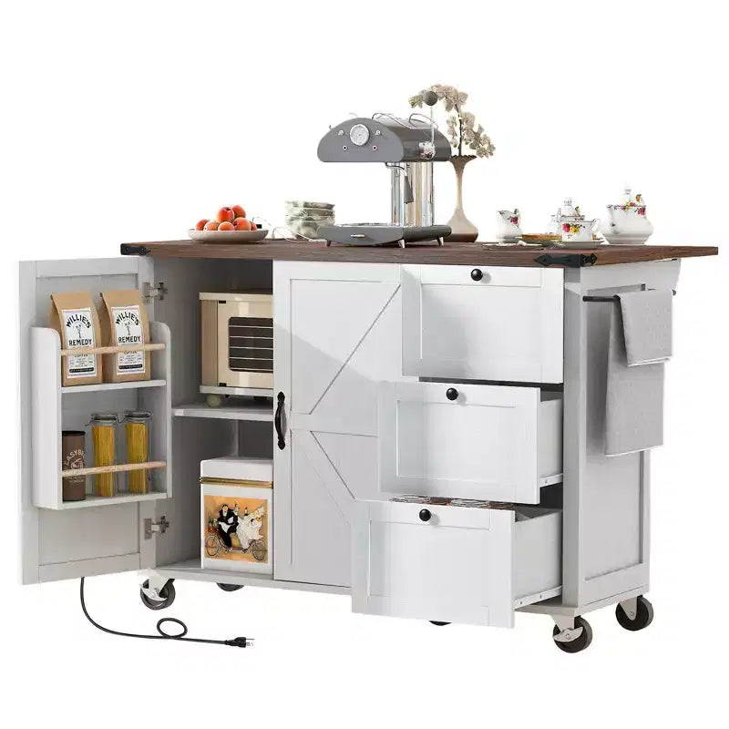 Farmhouse Kitchen Cart Island | Drop Leaf, 3 Drawers & Locking Wheels