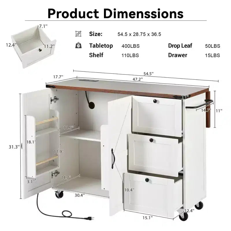 Farmhouse Kitchen Cart Island | Drop Leaf, 3 Drawers & Locking Wheels