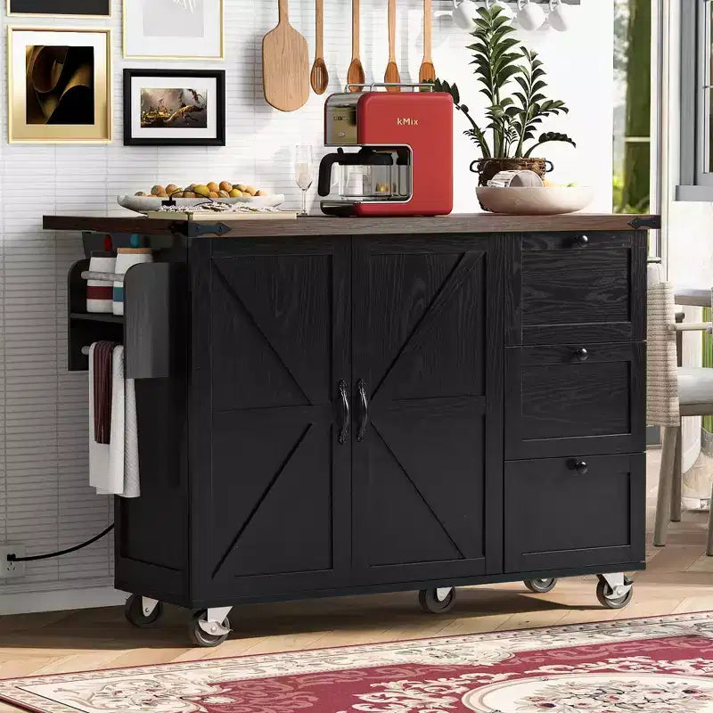Farmhouse Kitchen Cart Island | Drop Leaf, 3 Drawers & Locking Wheels
