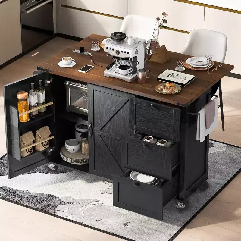 Farmhouse Kitchen Cart Island | Drop Leaf, 3 Drawers & Locking Wheels