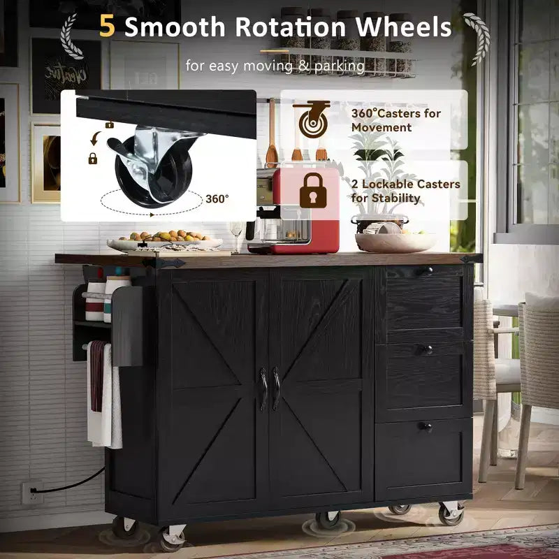 Farmhouse Kitchen Cart Island | Drop Leaf, 3 Drawers & Locking Wheels