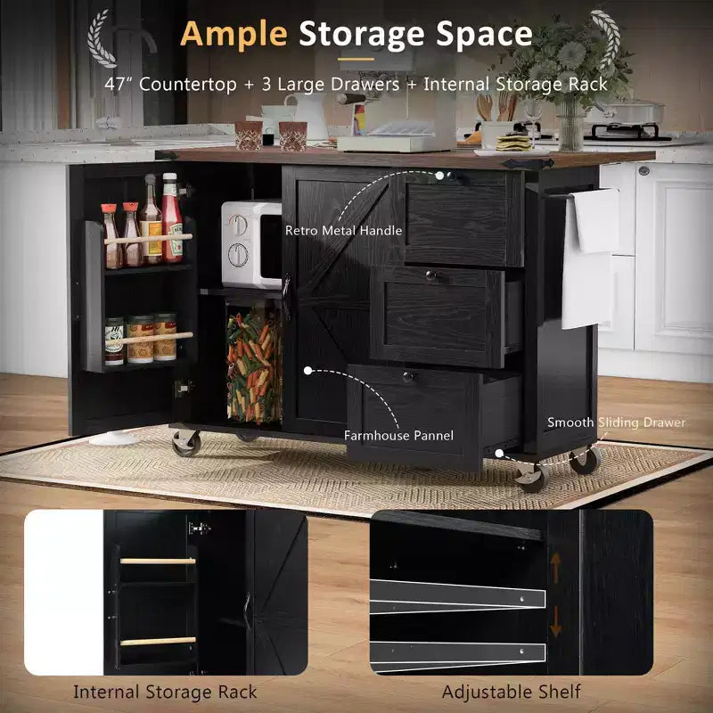 Farmhouse Kitchen Cart Island | Drop Leaf, 3 Drawers & Locking Wheels