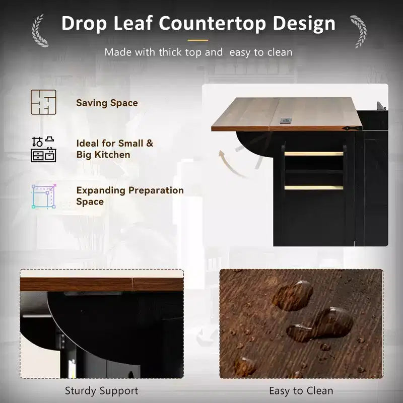 Farmhouse Kitchen Cart Island | Drop Leaf, 3 Drawers & Locking Wheels