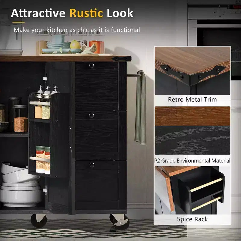 Farmhouse Kitchen Cart Island | Drop Leaf, 3 Drawers & Locking Wheels