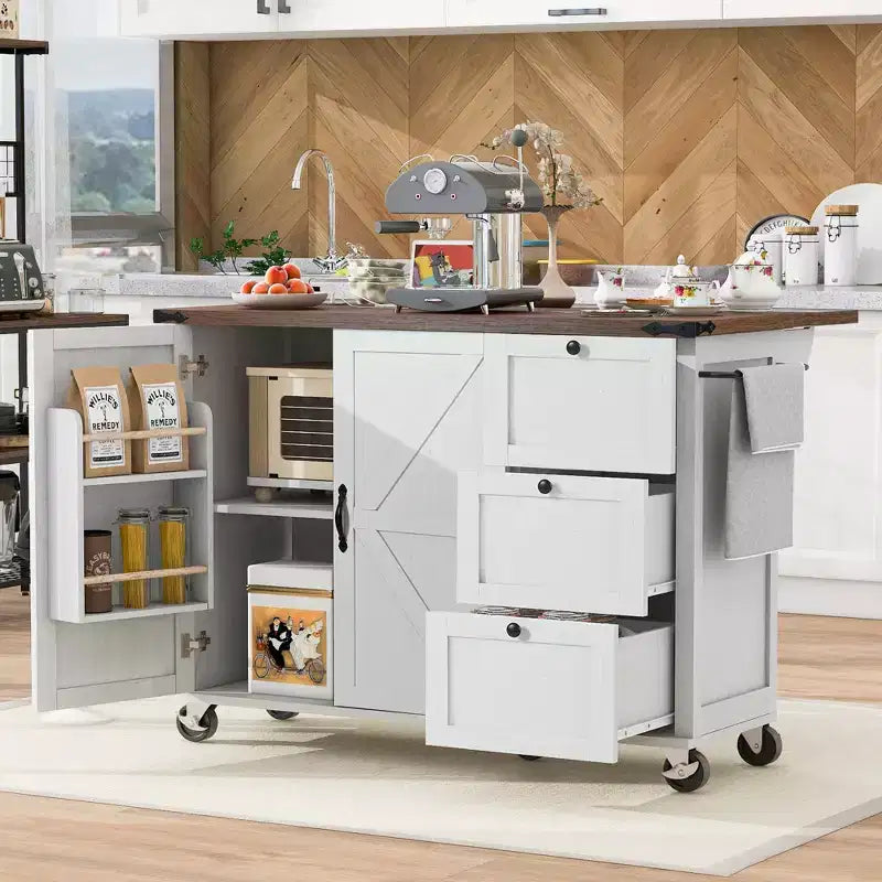 Farmhouse Kitchen Cart Island | Drop Leaf, 3 Drawers & Locking Wheels