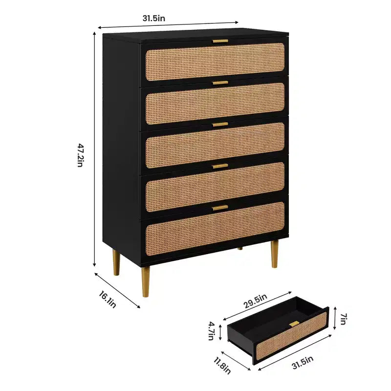 5-Drawer Rattan Dresser | 47" Tall | Natural Bedroom Chest of Drawers