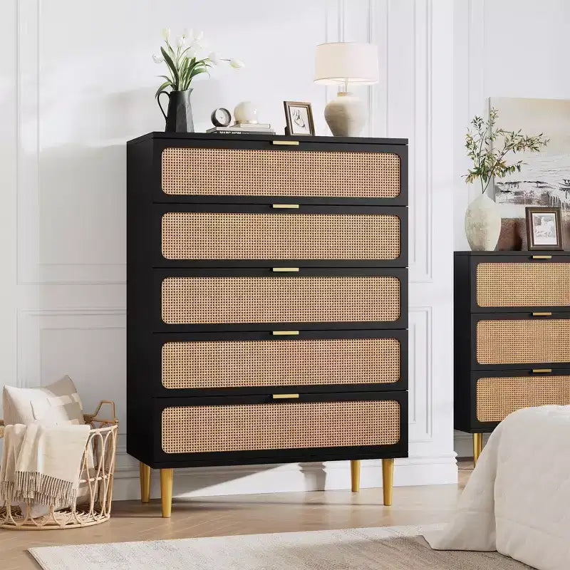 5-Drawer Rattan Dresser | 47" Tall | Natural Bedroom Chest of Drawers