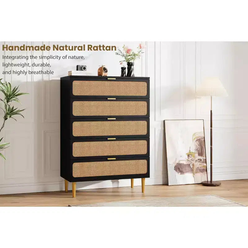 5-Drawer Rattan Dresser | 47" Tall | Natural Bedroom Chest of Drawers