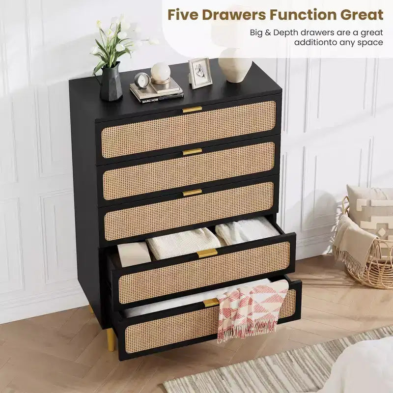 5-Drawer Rattan Dresser | 47" Tall | Natural Bedroom Chest of Drawers