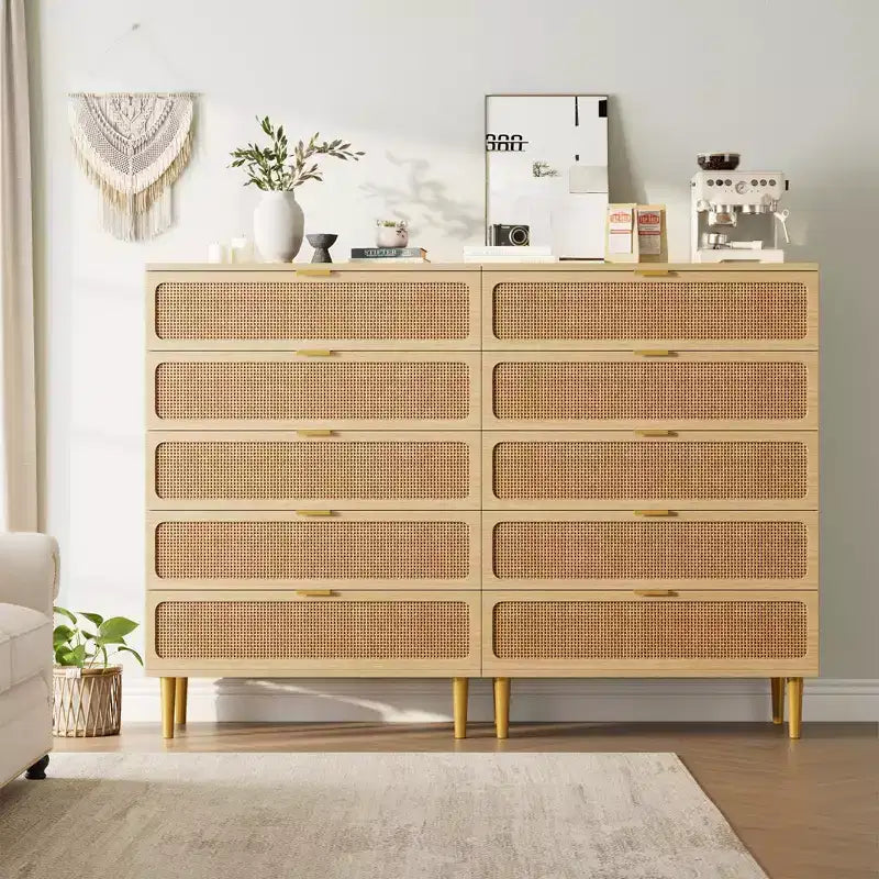5-Drawer Rattan Dresser | 47" Tall | Natural Bedroom Chest of Drawers