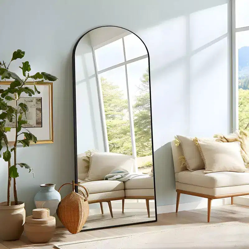 63" Oversized Arch Full-Length Mirror | Black Solid Wood Frame | Wall or Floor