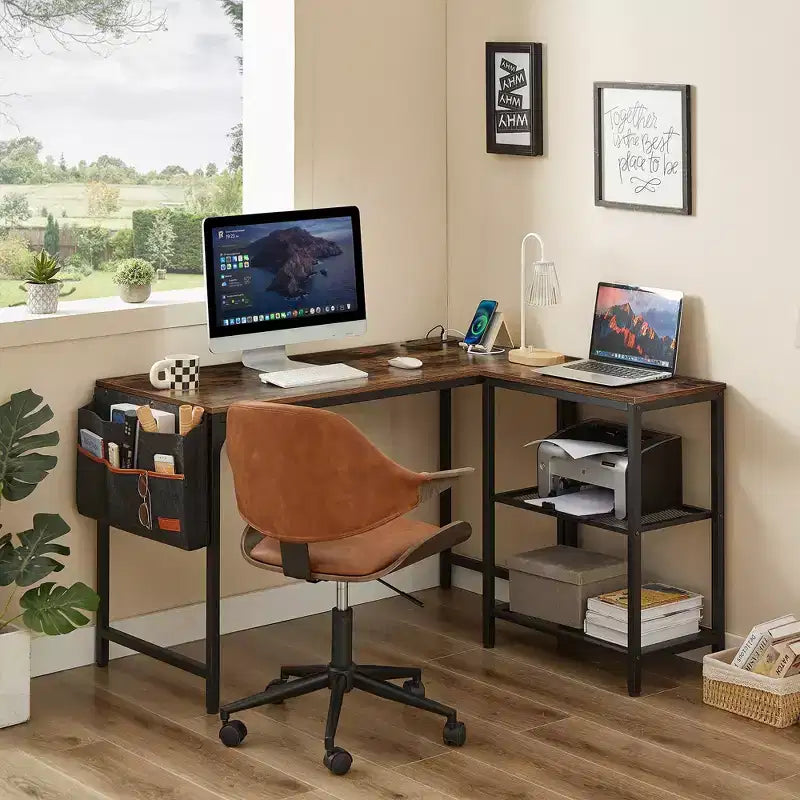 L-Shaped Corner Gaming Desk | 2-Tier Shelf & Storage Pocket | Brown