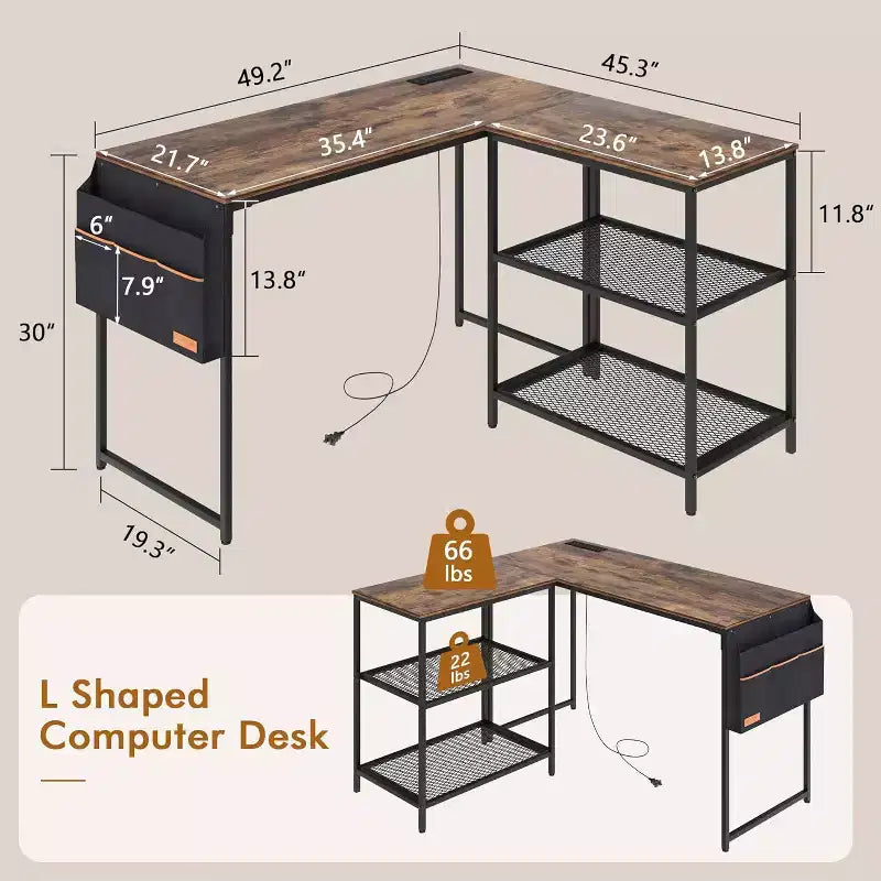 L-Shaped Corner Gaming Desk | 2-Tier Shelf & Storage Pocket | Brown