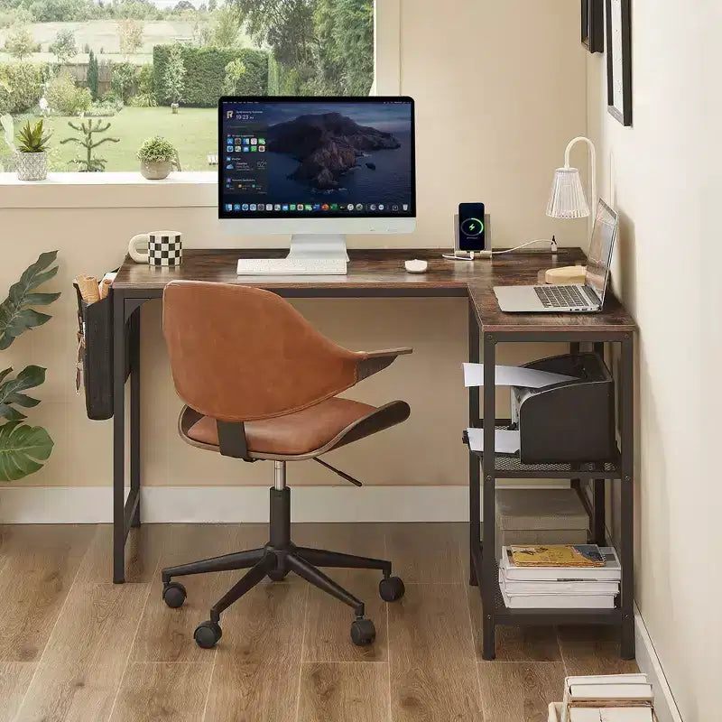 L-Shaped Corner Gaming Desk | 2-Tier Shelf & Storage Pocket | Brown