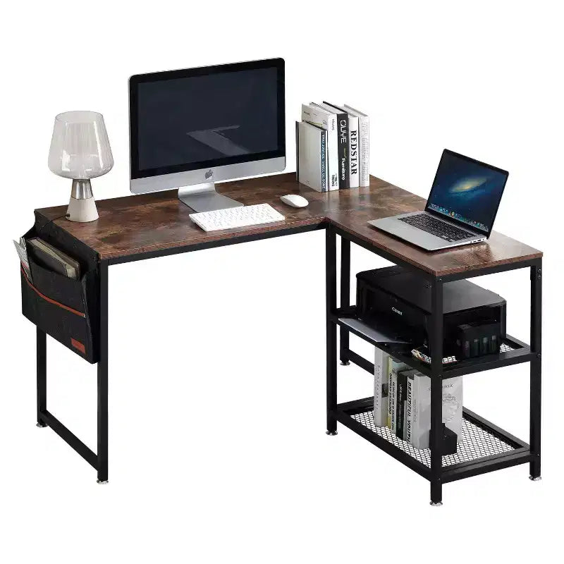 L-Shaped Corner Gaming Desk | 2-Tier Shelf & Storage Pocket | Brown