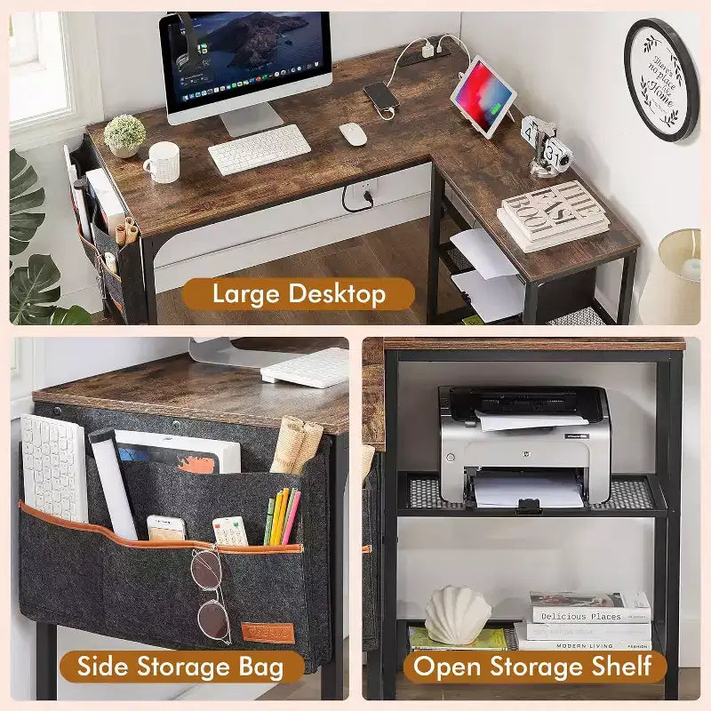 L-Shaped Corner Gaming Desk | 2-Tier Shelf & Storage Pocket | Brown