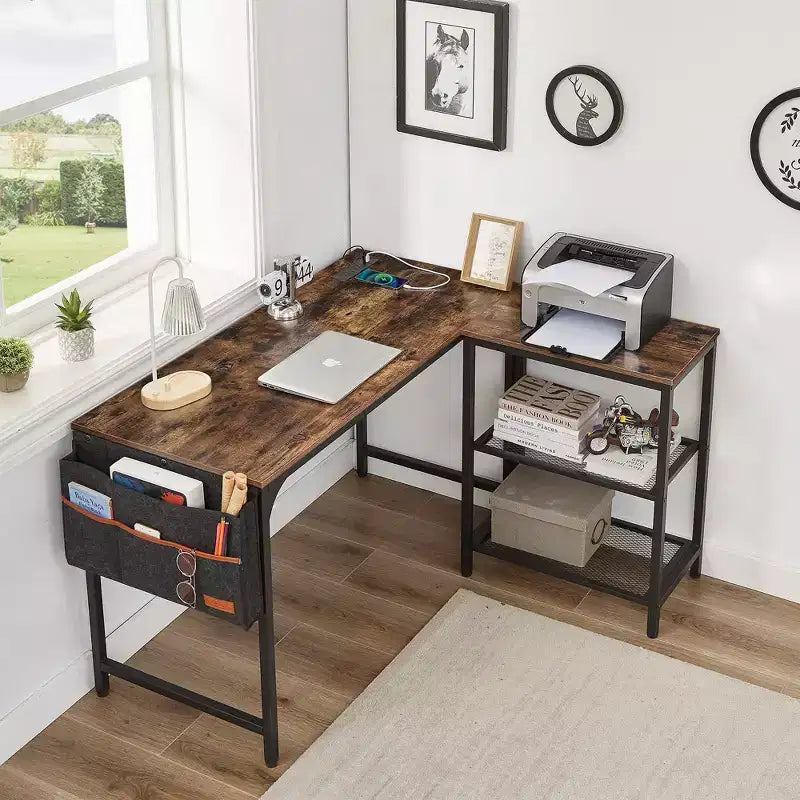 L-Shaped Corner Gaming Desk | 2-Tier Shelf & Storage Pocket | Brown