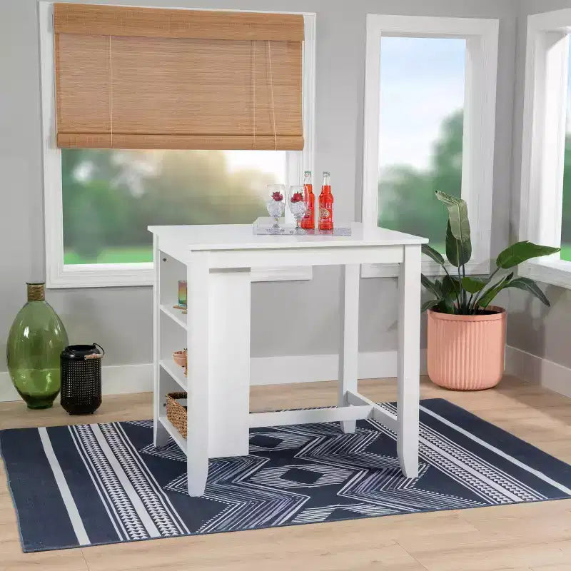 Solid Wood Counter Height Table | White | 36"H | 3 Shelves & Dual USB Charging