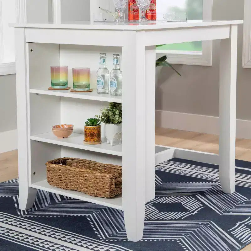 Solid Wood Counter Height Table | White | 36"H | 3 Shelves & Dual USB Charging