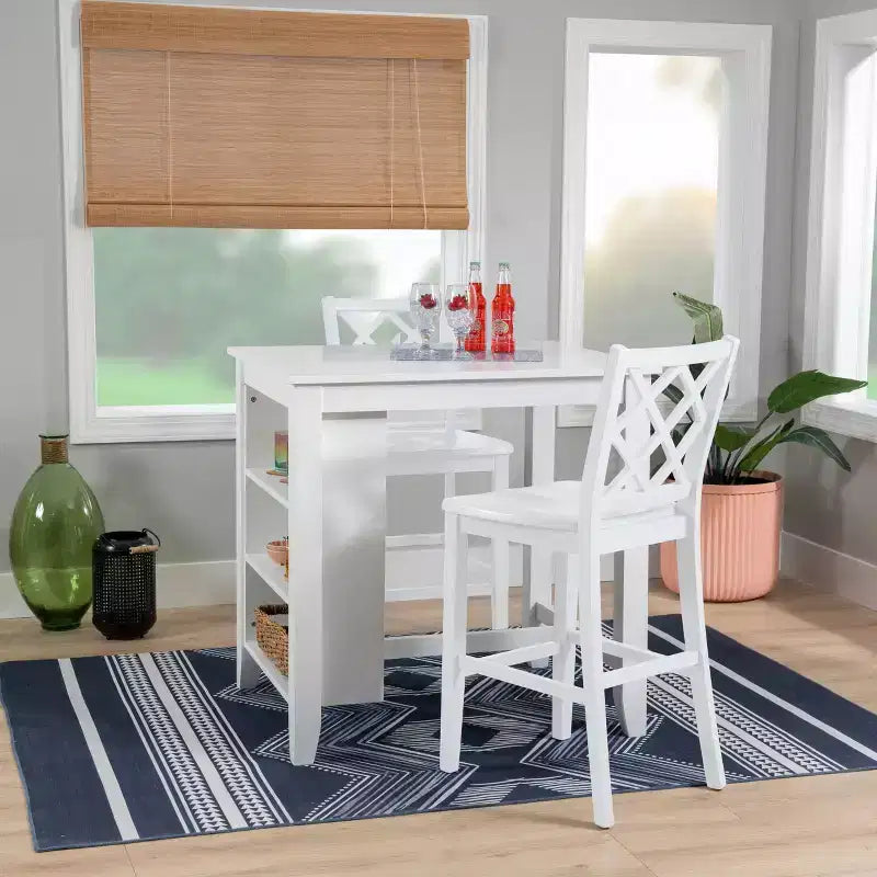 Solid Wood Counter Height Table | White | 36"H | 3 Shelves & Dual USB Charging