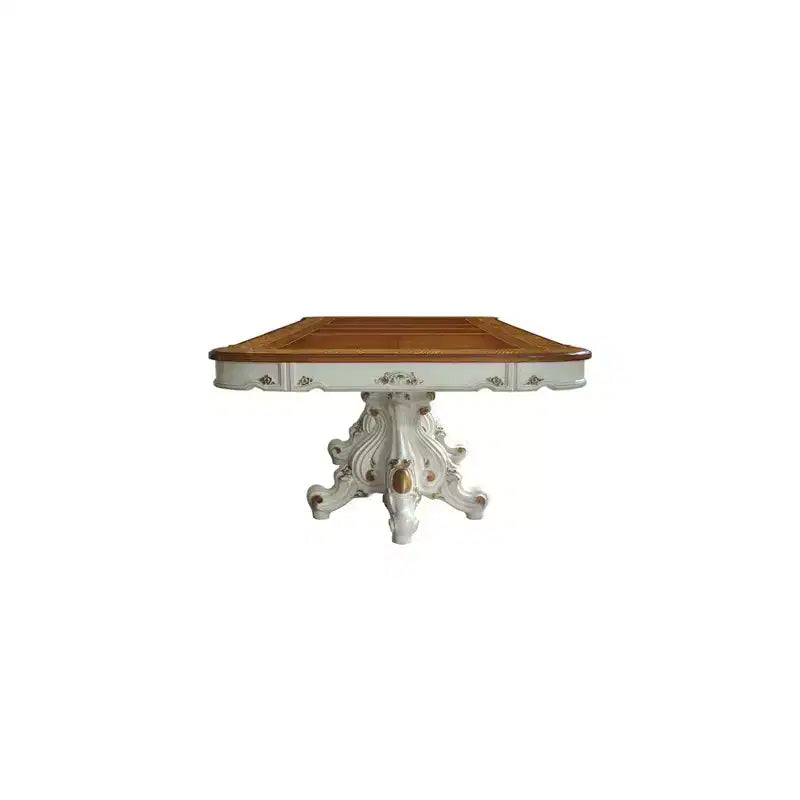 120" Ornate Double Pedestal Dining Table | Antique Pearl & Cherry Oak | Seats 8