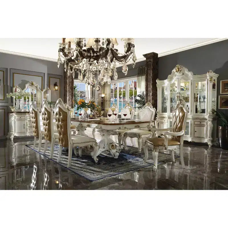 120" Ornate Double Pedestal Dining Table | Antique Pearl & Cherry Oak | Seats 8