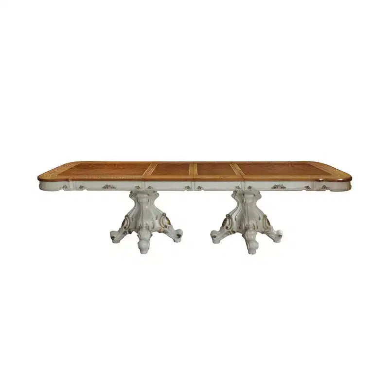 120" Ornate Double Pedestal Dining Table | Antique Pearl & Cherry Oak | Seats 8