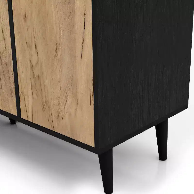 Mid-Century Modern Buffet Server | Light Oak & Black | 47" Wide | Glass Doors