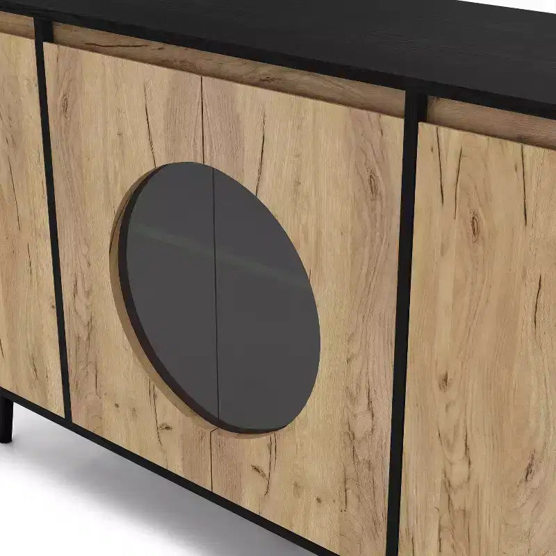 Mid-Century Modern Buffet Server | Light Oak & Black | 47" Wide | Glass Doors