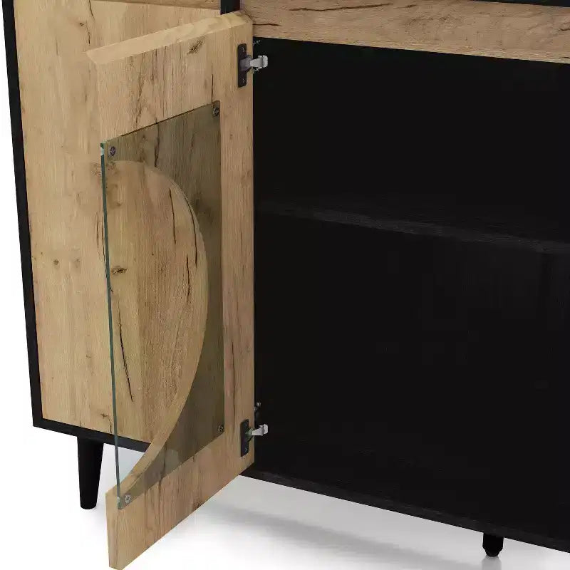 Mid-Century Modern Buffet Server | Light Oak & Black | 47" Wide | Glass Doors