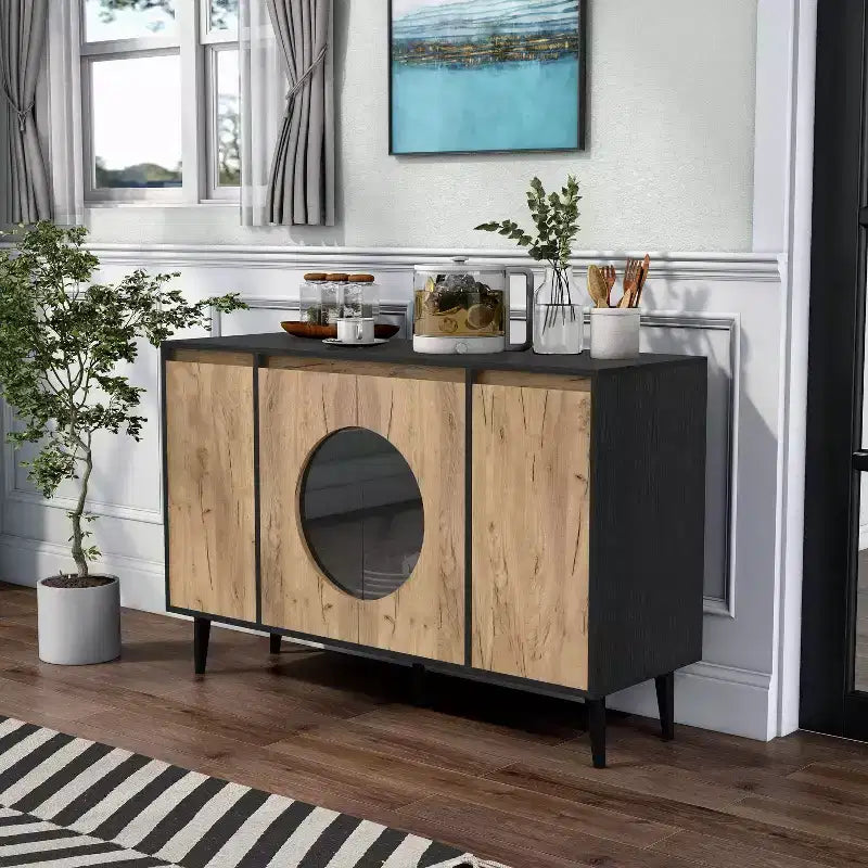 Mid-Century Modern Buffet Server | Light Oak & Black | 47" Wide | Glass Doors