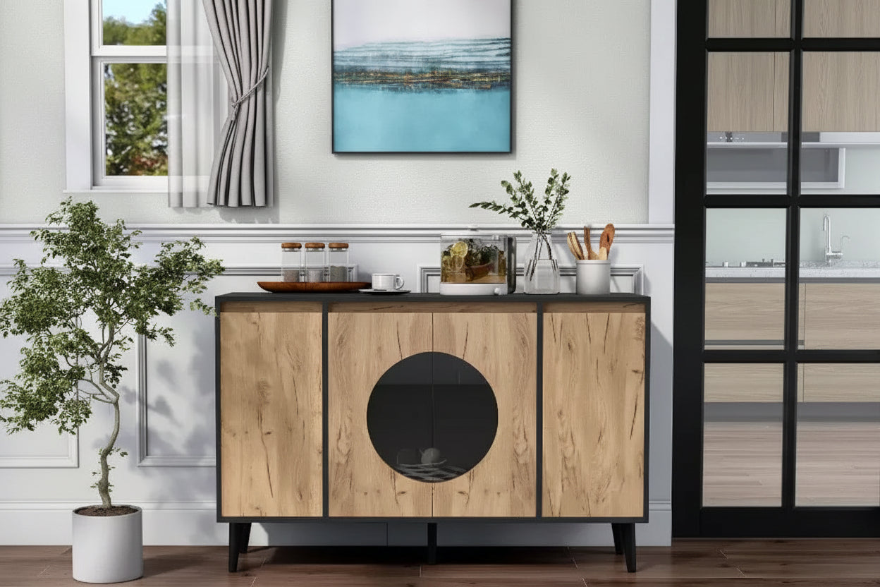 Mid-Century Modern Buffet Server | Light Oak & Black | 47" Wide | Glass Doors