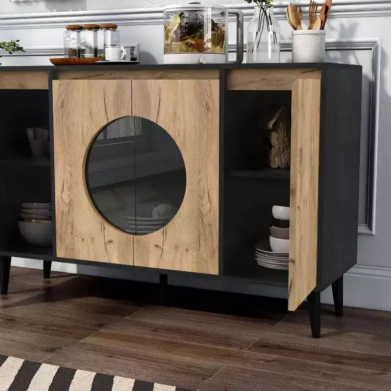 Mid-Century Modern Buffet Server | Light Oak & Black | 47" Wide | Glass Doors