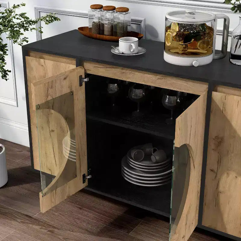 Mid-Century Modern Buffet Server | Light Oak & Black | 47" Wide | Glass Doors