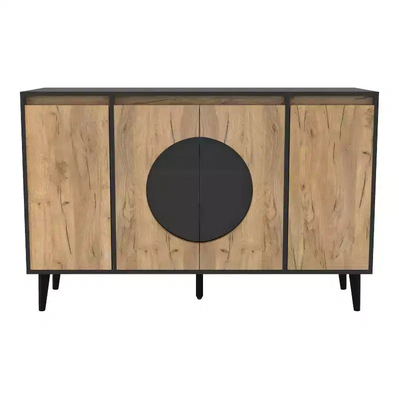 Mid-Century Modern Buffet Server | Light Oak & Black | 47" Wide | Glass Doors