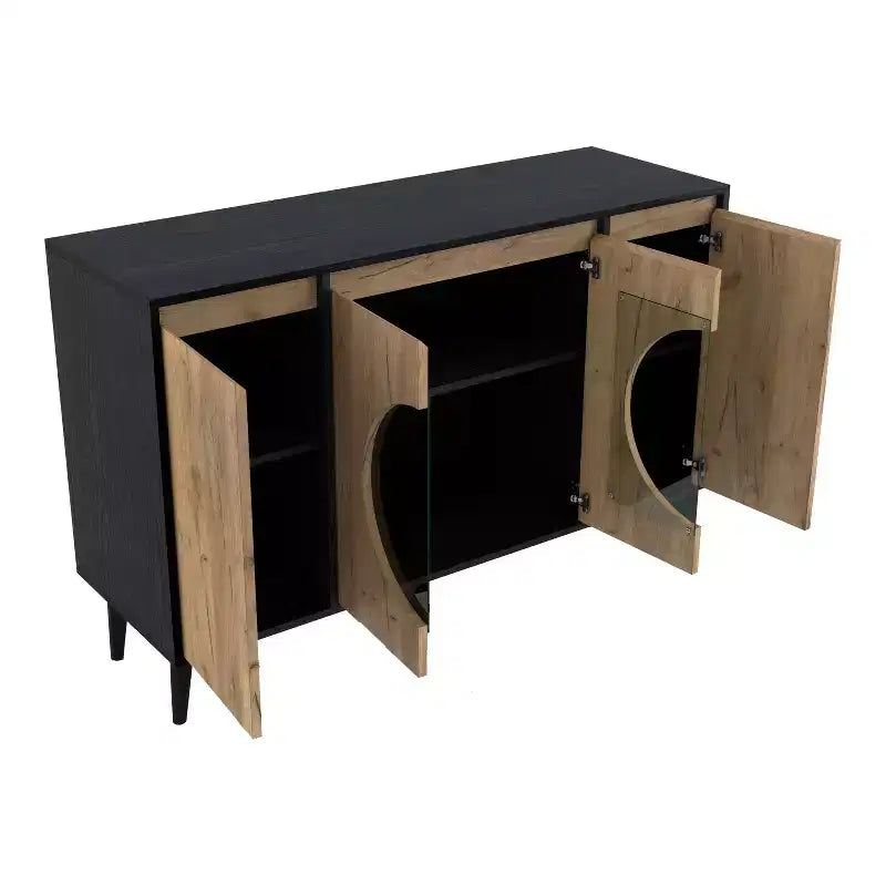 Mid-Century Modern Buffet Server | Light Oak & Black | 47" Wide | Glass Doors