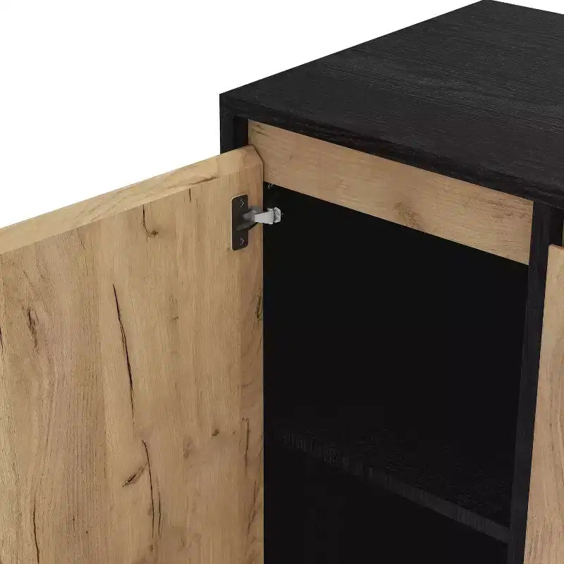 Mid-Century Modern Buffet Server | Light Oak & Black | 47" Wide | Glass Doors